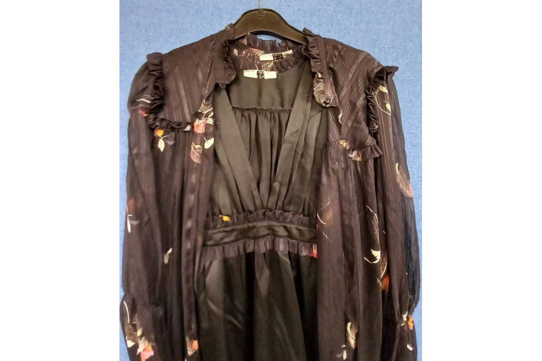 A black dress and chiffon coat cover with ruffle details, by Sally Poppy, size S - Image 2 of 6