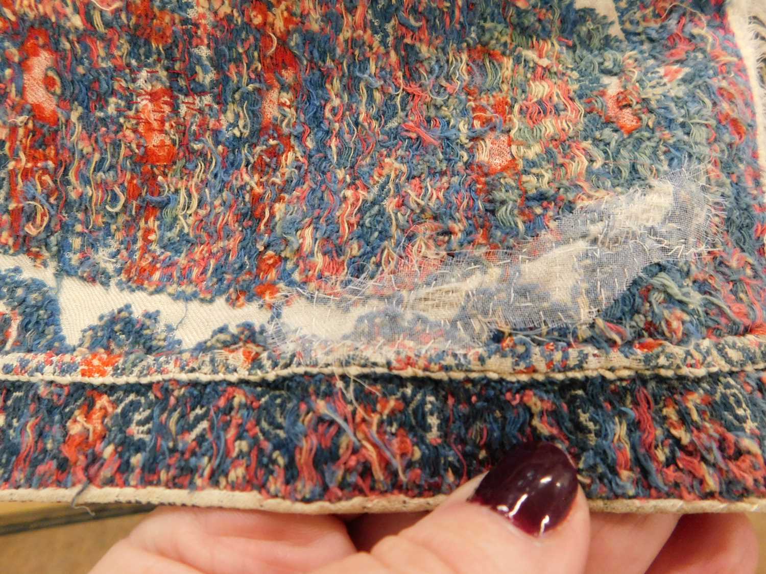 A 19th century shawl, with cream ground and red and blue paisley to ends and edges, approx. 226 x - Image 7 of 7