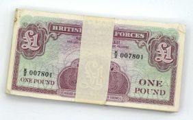 Second World War British armed forces £1 vouchers with money band, 100 notes all consecutive numbers