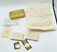 First World War 1914 Queen Marys Christmas Tin, 1915 Christmas card, 1916 French bank note