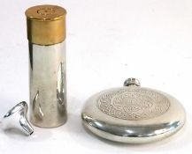 Two Hipflasks, one pewter example modeled as a shotgun cartridge with funnel together with further