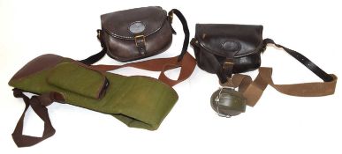 Quantity of Shooting related items to include two Leather shotgun cartridge bags with canvas