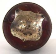 Cricket interest, Henry Blofeld: Twort cricket ball trophy with silver plaque not hallmarked but