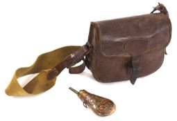 Early 20th century 20s leather shotgun cartridge bag with canvas strap, Perfecta 100 pat no.7923