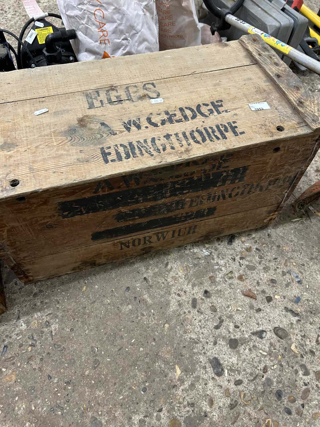 Wooden egg box marked A W Gedge, Edingthorpe