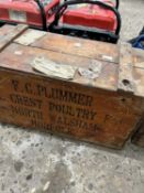 A wooden box marked F.C.Plummer, Hillcrest Poultry Farm, North Walsham, Norfolk
