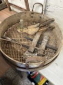 Mixed lot of various bygones to include soil sieve, clamp etc