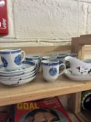 Quantity of blue and white coffee cups and saucers and a small Evesham sauce boat