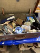 A suitcase with a mixed lot of items to include Denby coffee pot, vintage camera and other items