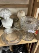 A Parian style bust of Beethoven, another of Wagner and two glass dishes (4)