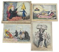 Four colour lithograph prints, hand coloured. Mount to board. Smallest; 35cm x 24cm. Largest; 38cm x