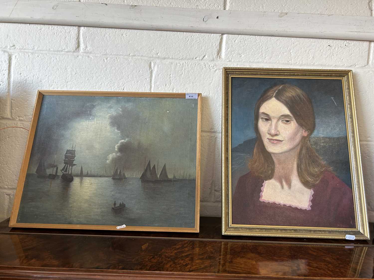 Unsigned oil on canvas, boats at harbour together with oil on board portrait