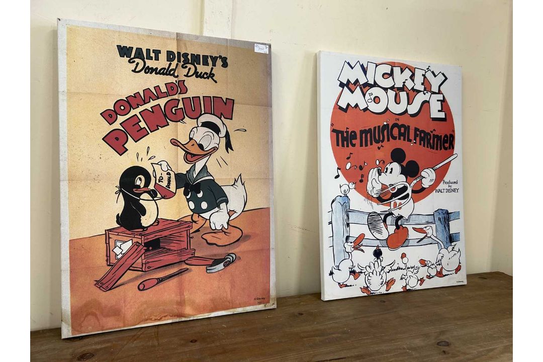 Two reproduction prints on canvas, Donald Duck and Mickey Mouse