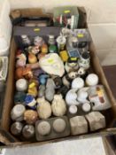 Box containing a quantity of various salt and peppers, novelty and decorative