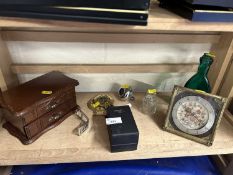 Mixed Lot: Small jewellery box, bedside clock, horse brasses etc
