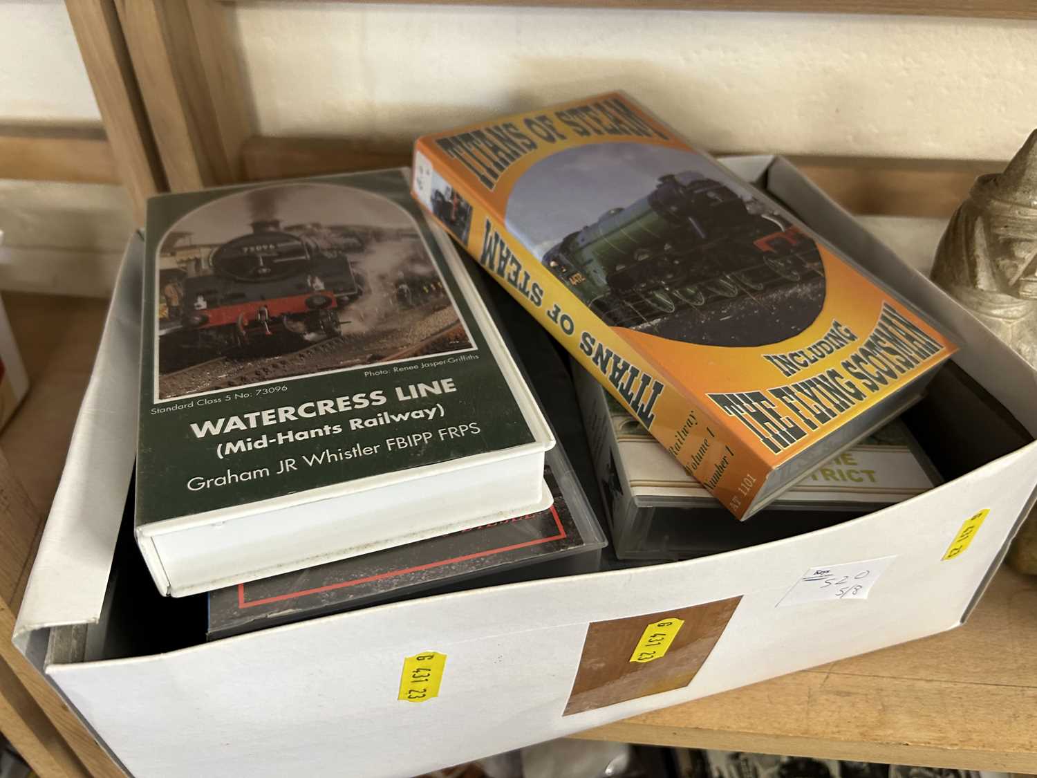 Box of various books and videos, railway interest