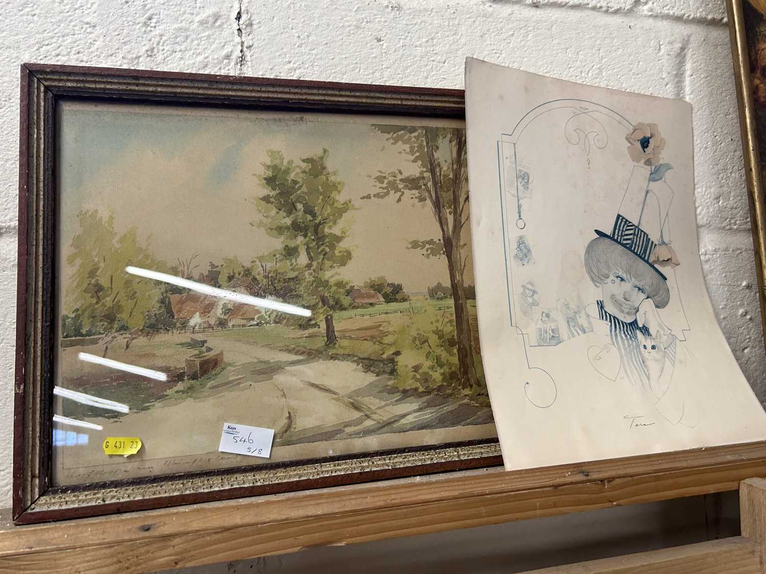 Watercolour study, country village scene, indistinctly signed together with a coloured print of a