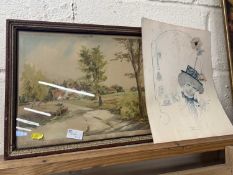 Watercolour study, country village scene, indistinctly signed together with a coloured print of a
