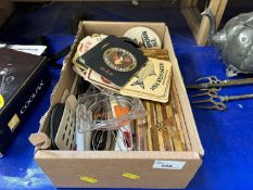 Box of various beer mats, assorted kitchen wares etc