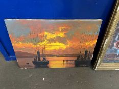 Unframed oil on canvas, signed A Williams, boats at harbour