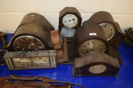 Group lot of early 20th Century oak cased dome topped mantel clocks plus various others and clock