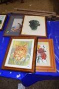 Group of four various pictures to include coloured print of a black labrador, Lesley Holmes study of