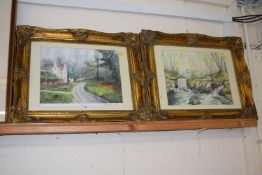 Sue Sim, two studies of a waterfall and a rural lane, gilt framed