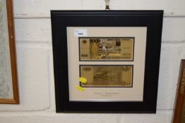 Modern pair of Russian 24k gold bank notes, framed