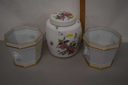 A Crown Derby covered jar together with two jardinieres