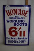 Home Made Working Boots, enamel sign, 46cm high