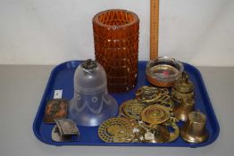 Tray of mixed items to include a range of horse brasses, brass bells, light shades etc
