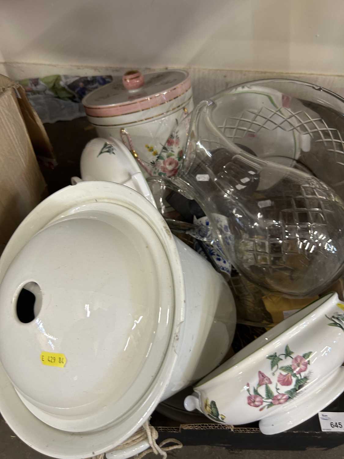 Box of various mixed ceramics, glass jug and bowl etc