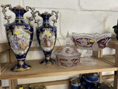 Pair of classical style vases together with a cut glass centrepiece vase and similar bohemian type