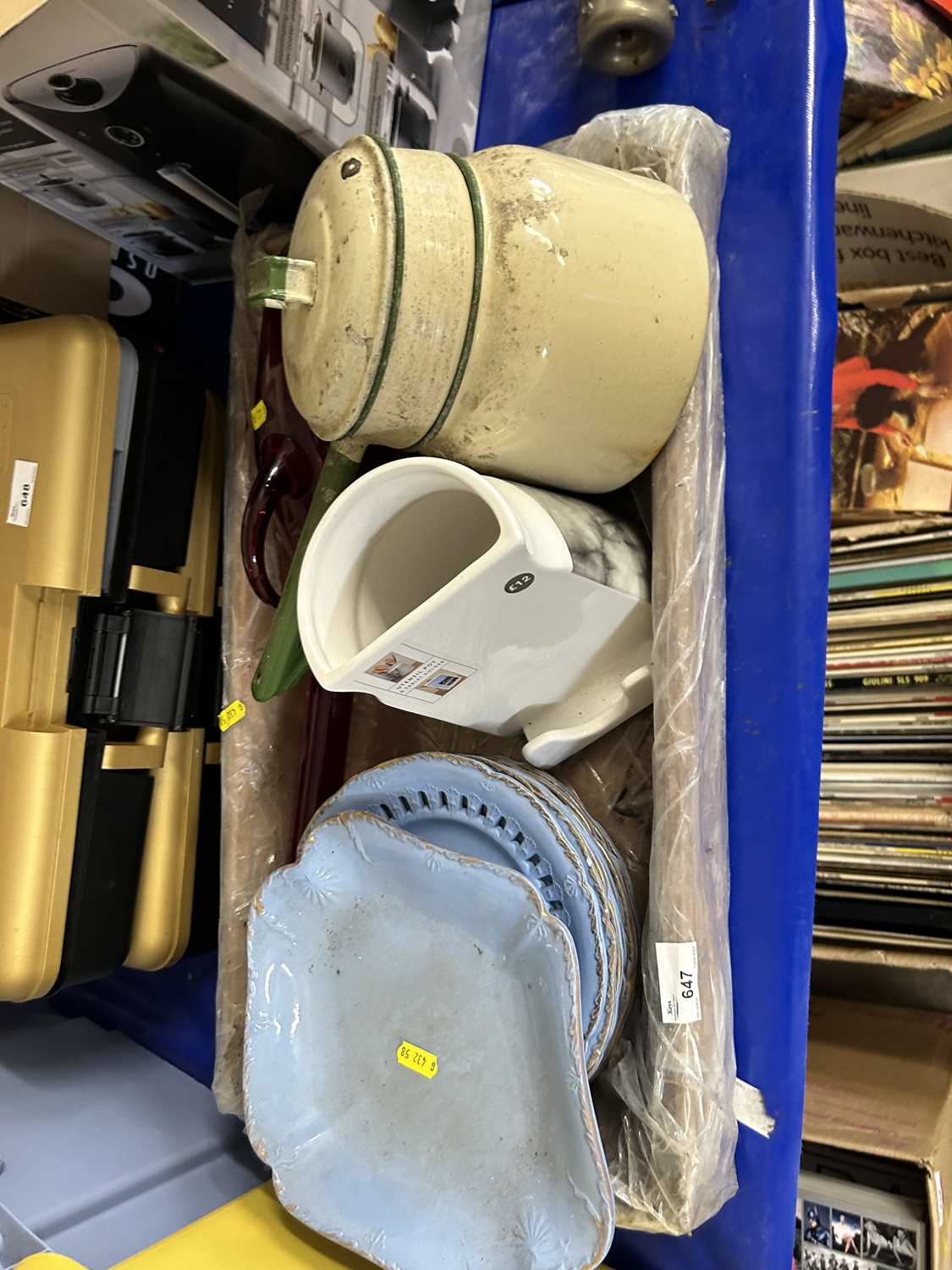 Box of mixed items to include vintage enamel pan, Victorian dinner wares etc