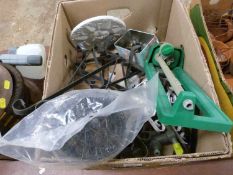 Box of mixed items to include hanging basket brackets, garden sprinkler, dig stopper and other