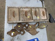 Mixed Lot: Vintage wooden four drawer chest together with various vintage wood and iron pulleys