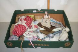 Box of various modern home wares to include mirrored wall bracket, table cloth weights, figurines