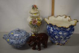 Large blue and white jardiniere, modern floral encrusted vase, a pottery elephant and a further