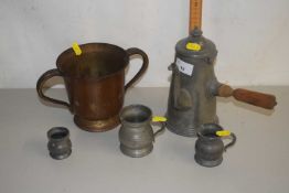 Mixed Lot: Formerly silver plated loving cup together with pewter measures and a pewter coffee pot