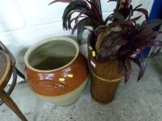 Mixed Lot: Wooden stick stand, various walking sticks and a stone ware egg crock