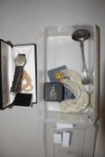 Box of assorted items to include gents wristwatch, costume jewellery, sifting spoon etc