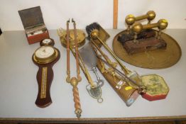 Mixed Lot: Various fire tools, barometer, chestnut roaster etc