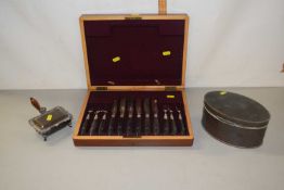 Case of silver plated dessert cutlery together with a formerly silver plated box and a small