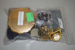 Mixed Lot: Assorted costume jewellery, powder compact, miniature clock, bank notes etc