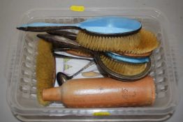 Silver and blue enamel backed dressing table set and other assorted items