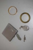 Mixed Lot: Chrome finish cigarette case, 9ct metal core bangle and other items