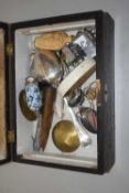 Hardwood box containing various cutlery, modern snuff bottle, perpetual calendar etc