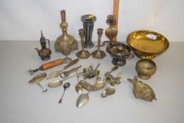 Mixed Lot: Various assorted brass wares to include candlesticks, various cutlery, vintage can opener