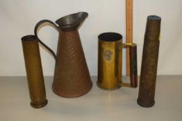 Mixed Lot: Brass shell cases, tankard formed from a shell case and a further crocodile skin effect