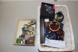 Basket of various assorted costume jewellery, pill boxes and other items